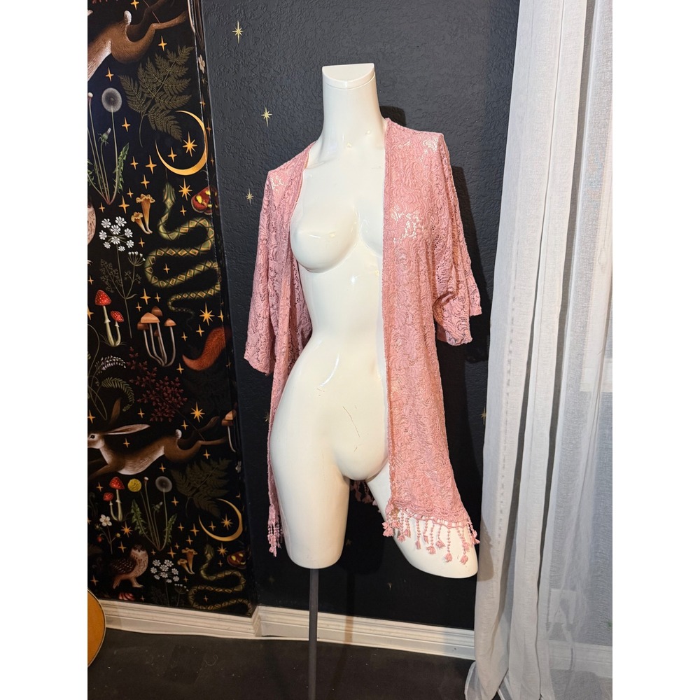 Charlotte Russe Pink Floral Lace Kimono Cardigan Tassel Fringe Boho Large‎